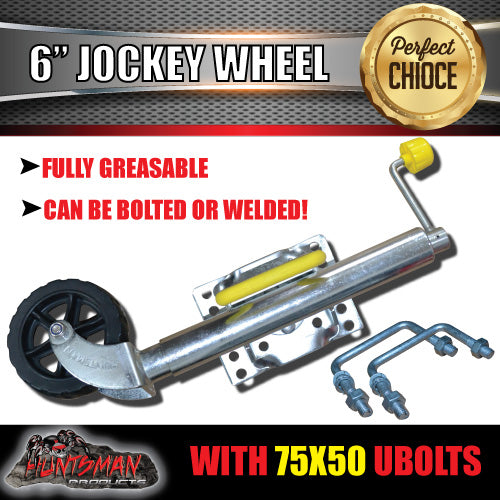 6" Trailer Caravan Swing Up Jockey Wheel & 75x50mm U bolts.  500Kg Ball Rating