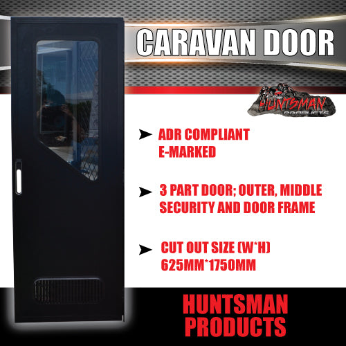 RHS Hinge Caravan Black Access Security Side door + Locking Flyscreen. 1750mm x 625mm
