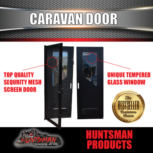 RHS Hinge Caravan Black Access Security Side door + Locking Flyscreen. 1750mm x 625mm