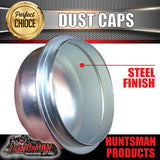 2x steel 76.5mm 3 tonne trailer hub dust caps.