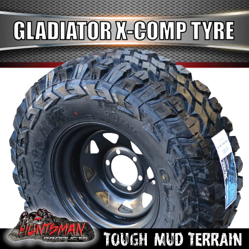 35x12.5R15 L/T Gladiator X-COMP Mud Tyre ON 15" Black Steel Rim. 35 12.5 15