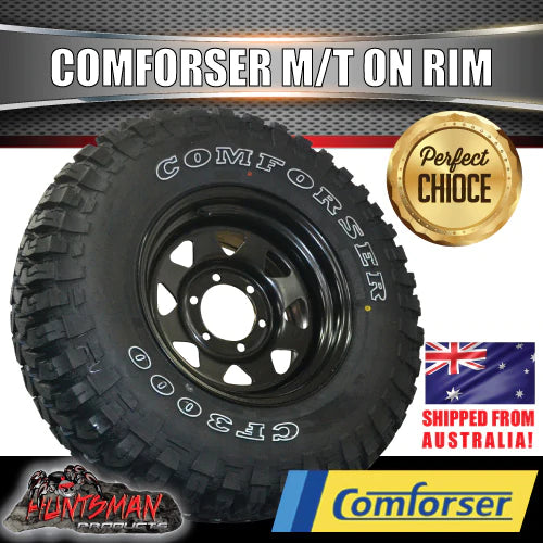 265/70R16 L/T Comforser Mud tyre on 16" black steel wheel. 265 70 16