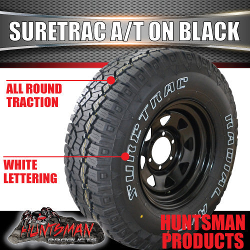 265/75R16 Suretrac Sierra A/T Tyre on 16" Black Steel Rim. 265 75 16