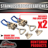 x2 LARGE STAINLESS STEEL TOGGLE / OVER CENTRE LATCH.