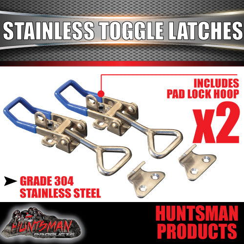 x2 LARGE STAINLESS STEEL TOGGLE / OVER CENTRE LATCH.