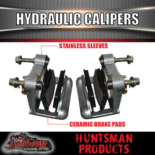 PAIR TRAILER GALVANISED HYDRAULIC DISC BRAKE CALIPERS WITH STAINLESS PISTONS .