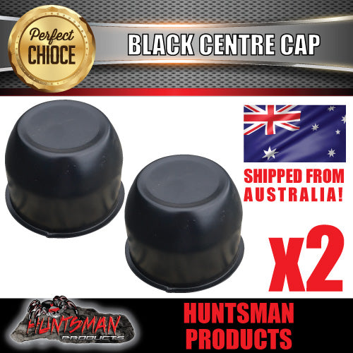 2X BLACK WHEEL CENTRE CAP- 75MM.  SUIT HT STEEL WHEELS