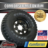 35x12.5R15 L/T Comforser Mud tyre on 15" black steel rim. 35 12.5 15