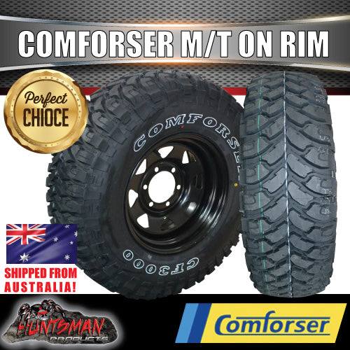 37x12.5R17 L/T Comforser Mud tyre on 17" black steel rim. 37 12.5 17