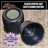 2X BLACK WHEEL RIM CAPS TO SUIT FORD HQ 83MM-86MM CENTRE TRAILER CAMPER RIMS