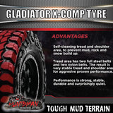 31x10.5R15 L/T Gladiator X-COMP Mud Tyre on 15" Black Rim. 31 10.5 15