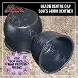 4X BLACK WHEEL CAPS 75MM CENTER TO SUIT HT HK HJ TRAILER CAMPER STEEL WHEELS