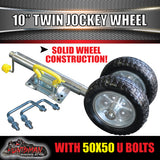 Twin Wheel 10" Trailer Caravan Jockey Wheel 1600kg Swing Up Solid wheels + U Bolts Suit 50x50mm Frame