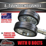 Twin 8" Trailer Caravan Jockey Wheel 1200kg Swing Up Solid wheels + U Bolts Suit 100x50mm Frame