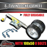 Twin 8" Trailer Caravan Jockey Wheel 1200kg Swing Up Solid wheels + U Bolts Suit 100x50mm Frame
