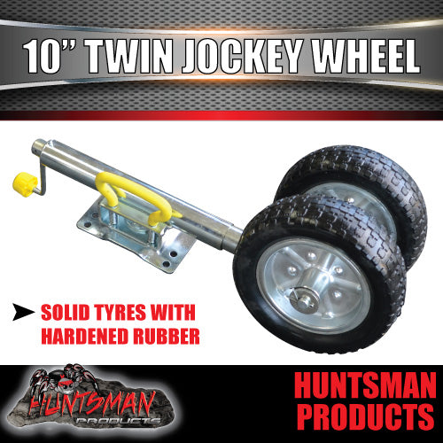 Twin 10" Trailer Caravan Jockey Wheel 1600kg Swing Up Solid wheels + U Bolts Suit 50x50mm Frame