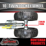 Twin 10" Trailer Caravan Jockey Wheel 1600kg Swing Up Solid wheels + U Bolts Suit 75x50mm Frame