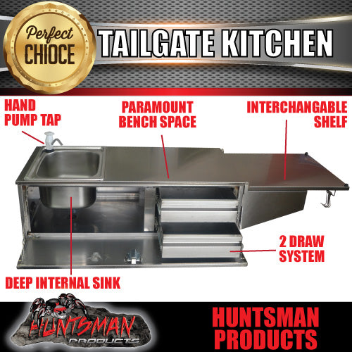 304 Stainless Steel Camper Trailer Caravan Tailgate Kitchen. LHS Sink Solid Back