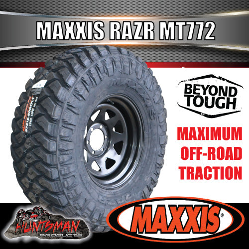 35x12.5R15 L/T MAXXIS RAZR MT772 ON 15" BLACK STEEL RIM. 35 12.5 15