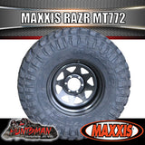 35x12.5R15 L/T MAXXIS RAZR MT772 ON 15" BLACK STEEL RIM. 35 12.5 15