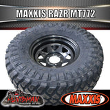 33x12.5R15 L/T MAXXIS RAZR MT772 ON 15" BLACK STEEL RIM. 33 12.5 15