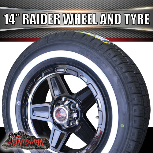 14" Trailer Caravan Raider Alloy Rim & 195R14C Whitewall Tyre suits Ford. 195 14