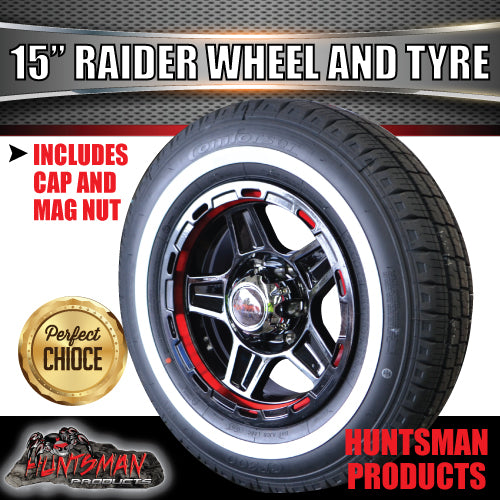 15" Trailer Caravan 6 Stud Raider Mag Rim & 205/75R15C Whitewall Tyre. 205 75 15