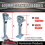 4x 470mm Trailer Caravan Drop Down corner Legs Steadies & Handle. Steel Foot!