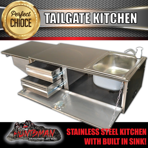 304 Stainless Steel Camper Trailer Caravan Tailgate Kitchen. RHS Sink Solid Back