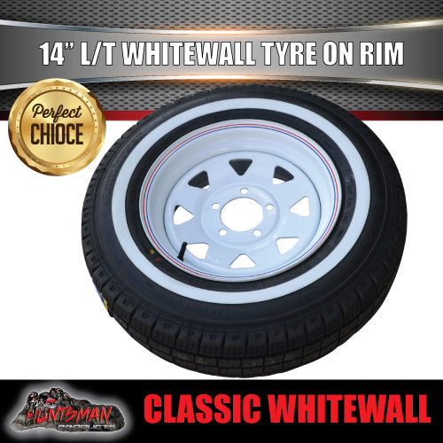 14X6 Trailer Caravan White Ford Pattern Steel Rim & 205/75R14C Whitewall Tyre. 205 75 14