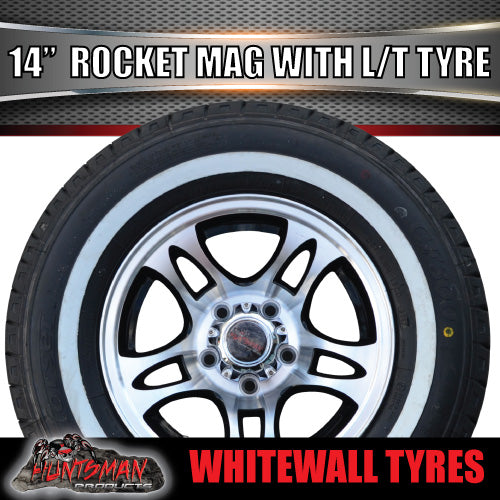 14" Trailer Caravan Ford Pattern Rocket Alloy & 195R14C Whitewall Tyre. 195 14