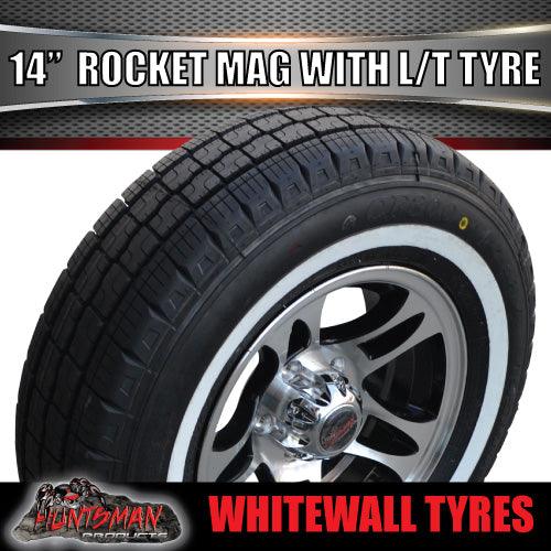 14" Trailer Caravan Ford Pattern Rocket Alloy & 195R14C Whitewall Tyre. 195 14