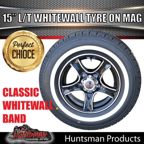 15" Trailer Caravan 6 Stud Stealth Mag & 205/70R15C comforser Whitewall Tyre. 205 70 15