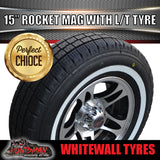 15" Trailer Caravan Ford Pattern Rocket Alloy Rim & 195R15C Whitewall Tyre. 195 15