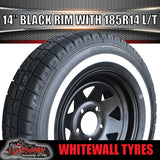14X6 Trailer Caravan Black Steel Rim & 185R14C Whitewall Tyre suits HQ Holden. 185 14