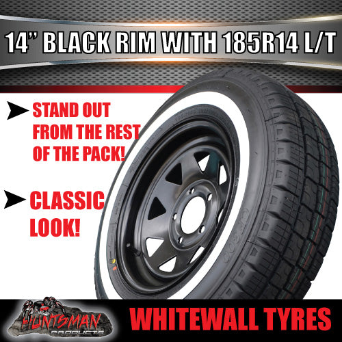 14X6 Trailer Caravan Black Steel Rim & 185R14C Whitewall Tyre suits HQ Holden. 185 14