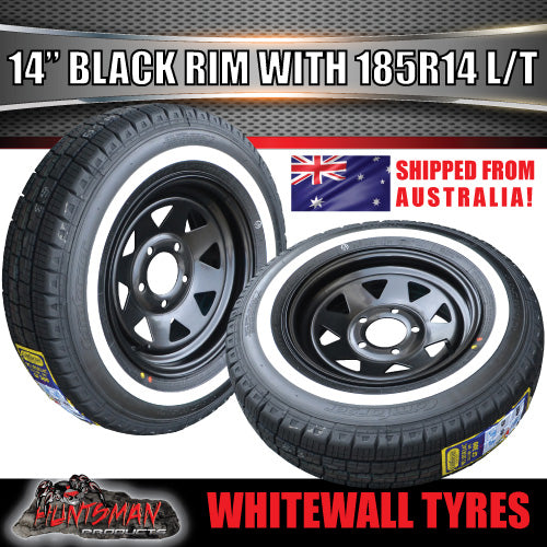 14X6 Trailer Caravan Black Steel Rim & 185R14C Whitewall Tyre suits HQ Holden. 185 14