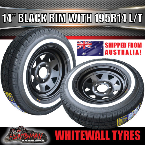 14X6 Trailer Caravan HT Pattern Black Steel Rim & 195R14C Whitewall Tyre. 195 14