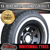 14X6 Trailer Caravan HT Pattern Black Steel Rim & 195R14C Whitewall Tyre. 195 14