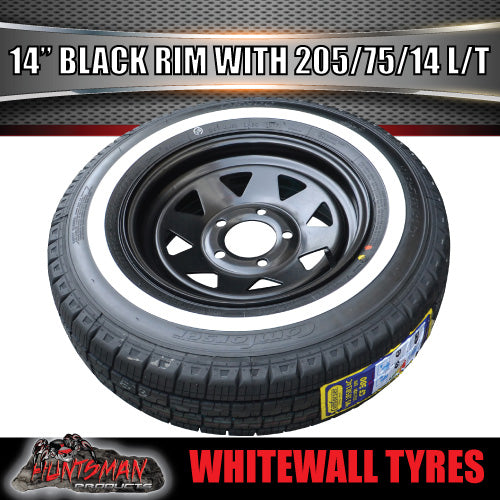 14" Ford Pattern Trailer Caravan Black Steel Rim & 205/75R14C Whitewall Tyre. 205 75 14