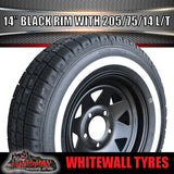 14" HT Black Trailer Caravan Steel Rim & 205/75R14C Whitewall Tyre. 205 75 14