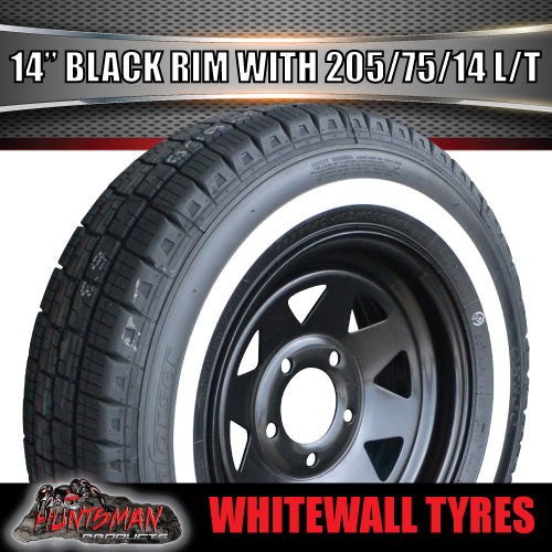 14" HQ Black Trailer Caravan Steel Rim & 205/75R14C Whitewall Tyre. 205 75 14
