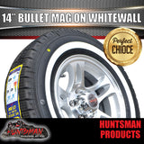 14" Bullet Caravan Trailer Mag Wheel & 195R14C Whitewall Tyre Suits Ford. 195 14