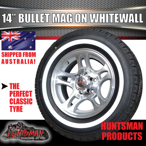 14" Ford Pattern Caravan Trailer Bullet Mag Wheel & 205/75R14C Whitewall Tyre. 205 75 14