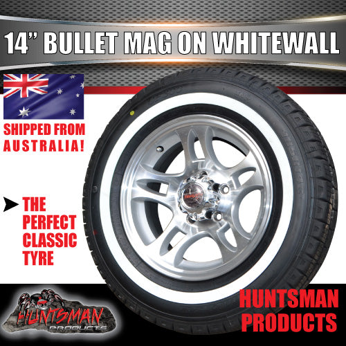 14" Bullet Caravan Trailer Mag Wheel & 195R14C Whitewall Tyre Suits Ford. 195 14