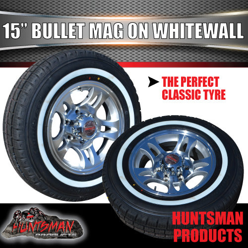 15" Trailer Caravan 6 Stud Bullet Mag Wheel & 195R15C Whitewall Tyre. 195 15