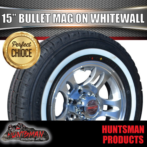15" Trailer Caravan Ford Pattern Bullet Mag & 205/70R15C Whitewall Tyre. 205 75 15
